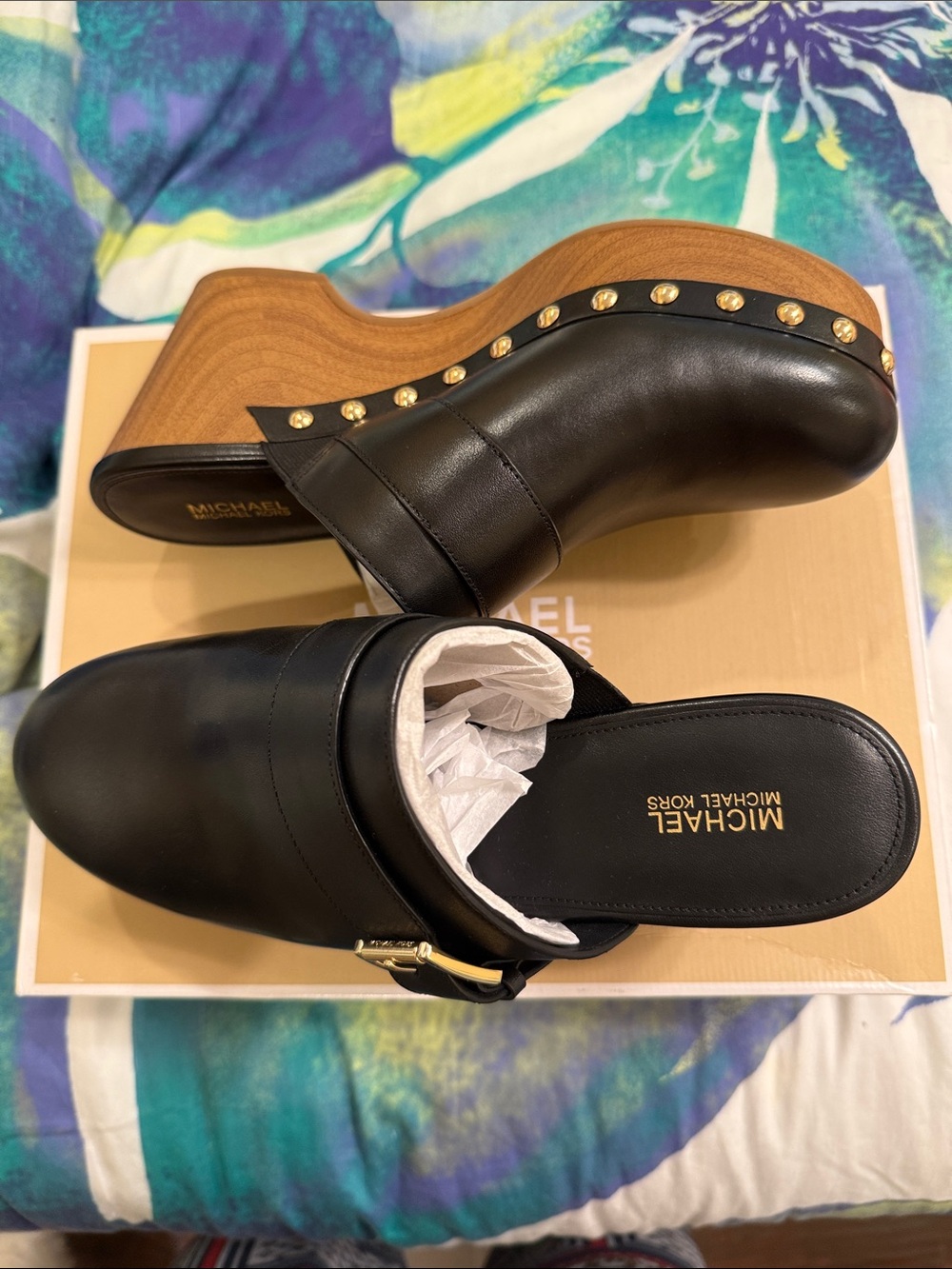 MICHAEL Michael Kors Black Leather Gold-Stud Wood-Effect Wedge Mules